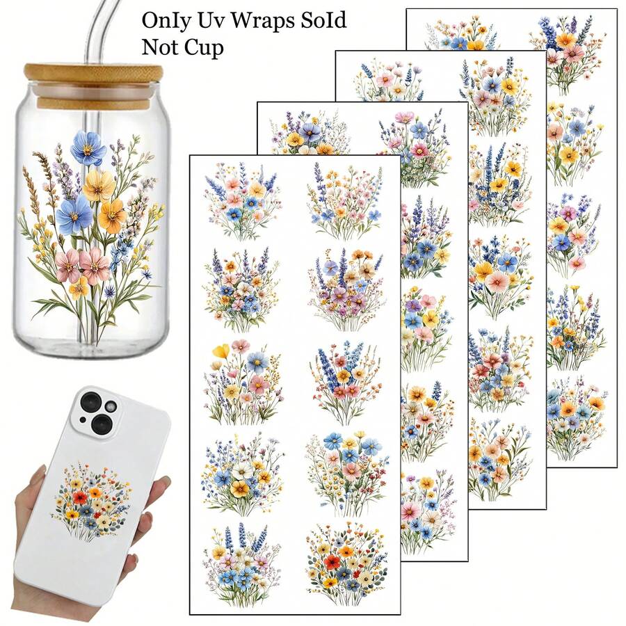 40张野花防水转印贴纸，适用于Libby玻璃杯，水彩花卉包装，DIY剪贴簿贴纸，可用于贺卡、礼品包装和家居装饰，一次性纸质转印贴纸，24x11厘米，非常适合工艺品和家具制作，测量用途 - 彩色 - 查看 1