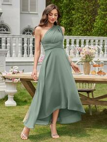 Volly Toych Vielseitiges A-Linien elegantes asymmetrisches V-Ausschnitt Midi Chiffon Brautjungfernkleid, Hochzeitsgast Kleid - Eukalyptus - Übersicht 6