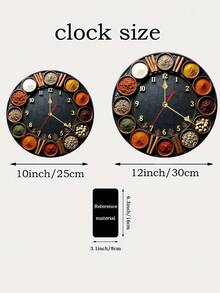 10/12 Inch Silent Round Clock, Decorated With Various Spices And Seasonings, Made Of Wooden Material, Equipped With Quartz Movement, Mixed Tone With Gold Accents, Battery Operated (AA Batteries Not Included), Suitable For Bedroom, Kitchen, Study - 1PC - View 6