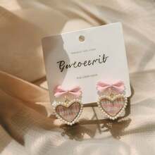Sweet Checkered Love Bow Earrings, Fashionable And Versatile Imitation Pearl Earrings, Fashionable Jewelry Accessories, Give Her A Gift - 粉色 - 查看 3