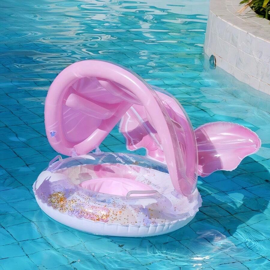 1 pieza Anillo inflable de cola de sirena con dosel y estampado de cielo estrellado morado para niños - Rosa - Ver 1