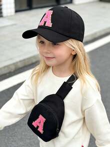 2pcs Kids Black & Pink Letter Baseball Cap Set, 26 Letters Customizable, Fashion Minimalist Sun Hat, Compact & Portable, Suitable For Boys & Girls Outdoor, Spring/Summer - Black - View 3