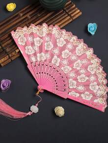 櫻花金箔印花手扇，復古竹製摺扇，流蘇細節，女性便攜扇，裝飾禮品，適合畢業季夏季降溫、海灘、旅行、春夏首選，伴娘禮物，房間臥室裝飾 - 多款 - 查看 3