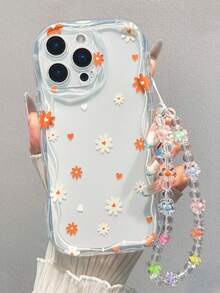 花卉图案奶油色波浪边手机壳，带可拆卸链条，简约防震加厚保护壳，印花，兼容 16 XR /7/8、15 Pro Max/12 Pro Max/13 Pro Max/14 Pro Max、13 14 11 12p14 女款 P11 软壳 P12 防震 XS.XR /78P.78GES2，适用于 A134G A22 A21S A514G A52 S22 Ultra A335G、A34 A35，适用于 10、Note 114G、11 Lite A53 TPU A14 /A23/S23 Ultra S24 A14 A15 S23 A73 A55 A54，手机壳 - 彩色 - 查看 5