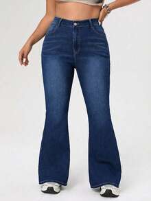 Jeans acampanados de talle alto de talla grande, pantalones vaqueros de lavado oscuro con estiramiento vintage, amigables para curvas - Azul - Ver 1