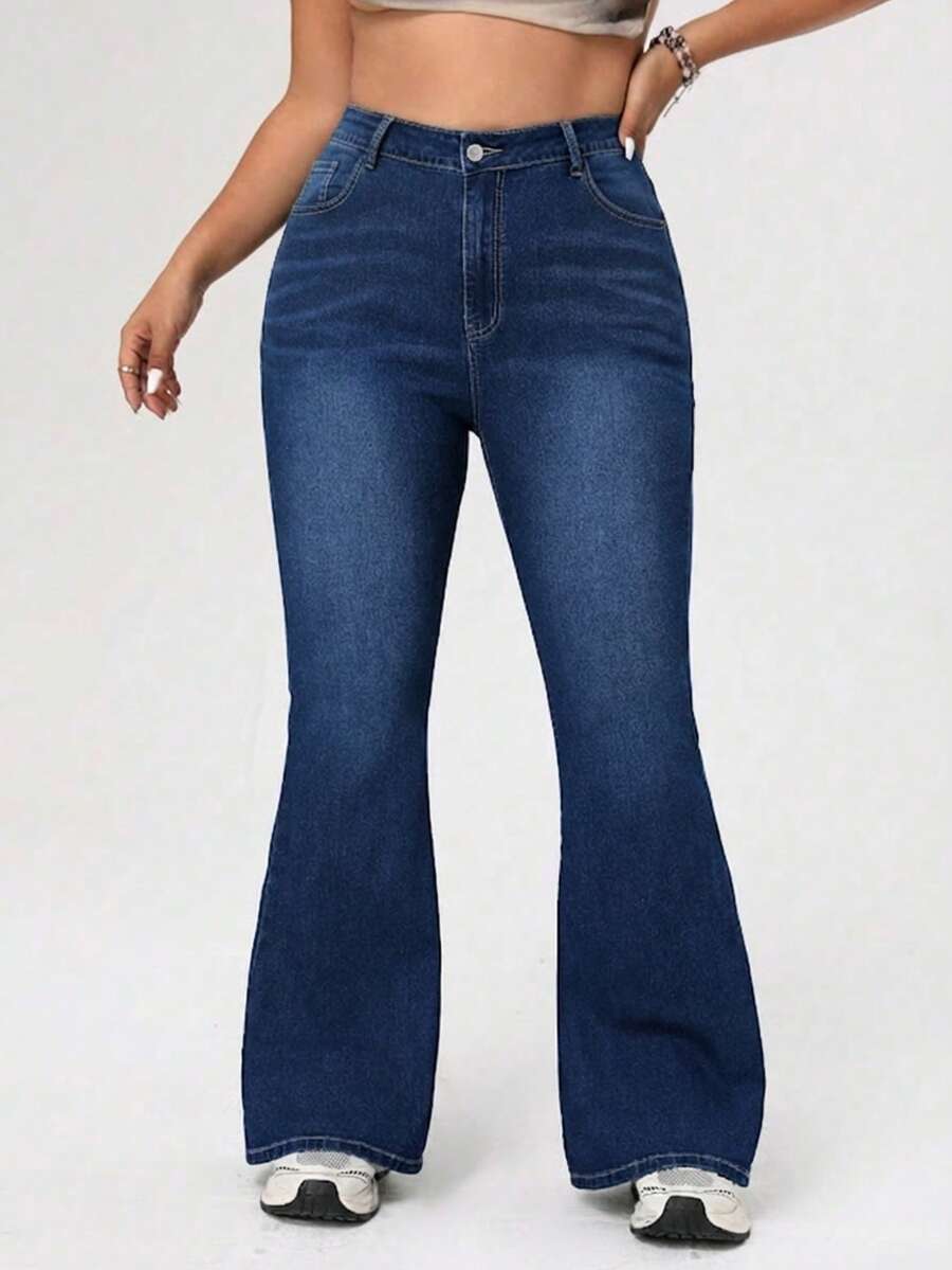 Jeans acampanados de talle alto de talla grande, pantalones vaqueros de lavado oscuro con estiramiento vintage, amigables para curvas - Azul - Ver 1