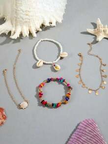 4pcs Bohemian Style Oil Drop Scallop Shell & Bead Anklets, Suitable For Women's Daily & Holiday Outfits - Color - View 2