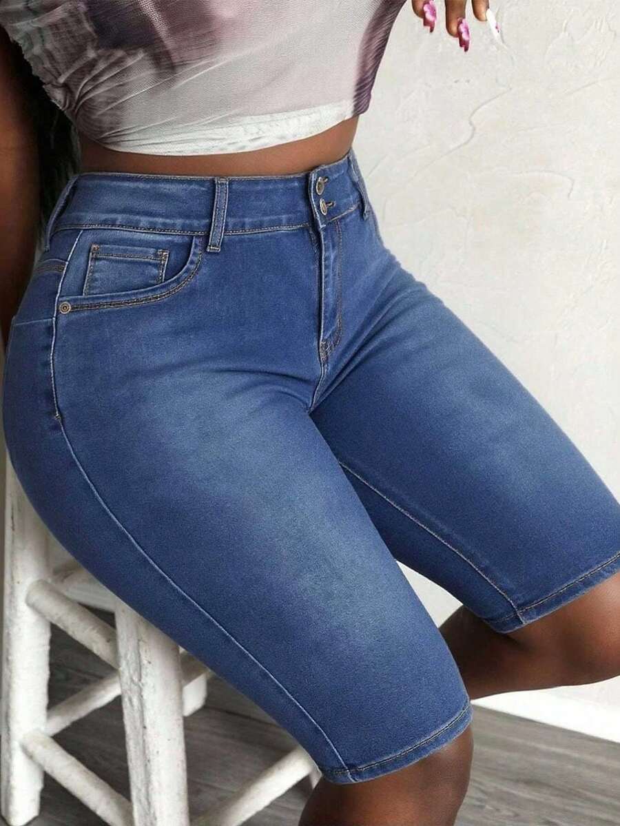 Plus Size High Waist Washed Bermuda Denim Shorts Double Button Slim Fit Casual Stretch Denim Shorts - Medium Wash - View 1