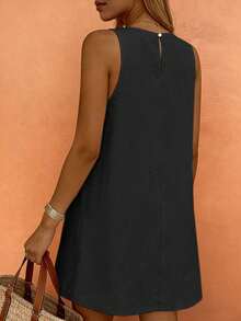 Starfish Women's Fashionable Versatile Minimalist Elegant Khaki Round Neck Sleeveless Dress, Suitable For Commuting In Spring And Summer Black - Black - View 6