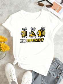 T-shirt décontracté pour femme à imprimé abeilles, automne, coton premium, imprimé original, style décontracté et respirant - Blanc - Voir 2