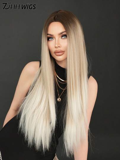 7JHH WIGS Peluca larga y recta de color marrón ceniza degradado para mujeres de 30 pulgadas, elegante y esponjosa sin flequillo con raya al medio, de fibra sintética suave y resistente al calor, peluca completa de cabello artificial hermosa y adecuada para chicas de moda, anime o disfraz, decoración, festivales de música, fiestas de baile y uso diario