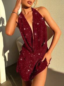 Women's Sleeveless Halter Mini Dress Sequins Ruffle Hem Short Dresses Back Backless Deep V A-line Club Party Dress - Burdeos - Ver 2