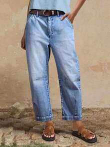 Elegant Casual Women's Straight Leg Jeans, With Button Details And Distressed Wash, Medium Stretch Fabric - Light Wash - View 3