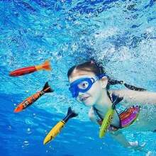 Set de 4 jucării de scufundări pentru piscină în aer liber de vară, inclusiv jucărie de iarbă pentru scufundări subacvatice, inel de scufundare și jucărie cu torpilă, instrumente profesionale de antrenament pentru snorkeling, potrivite pentru jocuri de apă în piscină pentru copii și jocuri interactive în aer liber pentru familie - Multicolor - Vizualizare 3