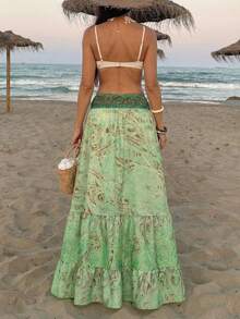 女士印花A字度假半身裙，时尚度假沙滩裙 - 綠色 - 查看 6