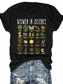 Camiseta Gráfica De Mujeres En La Ciencia - Cuello Redondo Casual, Manga Corta Con Estampado De Íconos Científicos, Poliéster, Color Oscuro, Ideal Para Atuendos Informales O Entusiastas De La Ciencia, Ropa Temática Científica | Prendas Con Motivos Científicos | Tejido MicroStretch - Oscuro - Ver 1