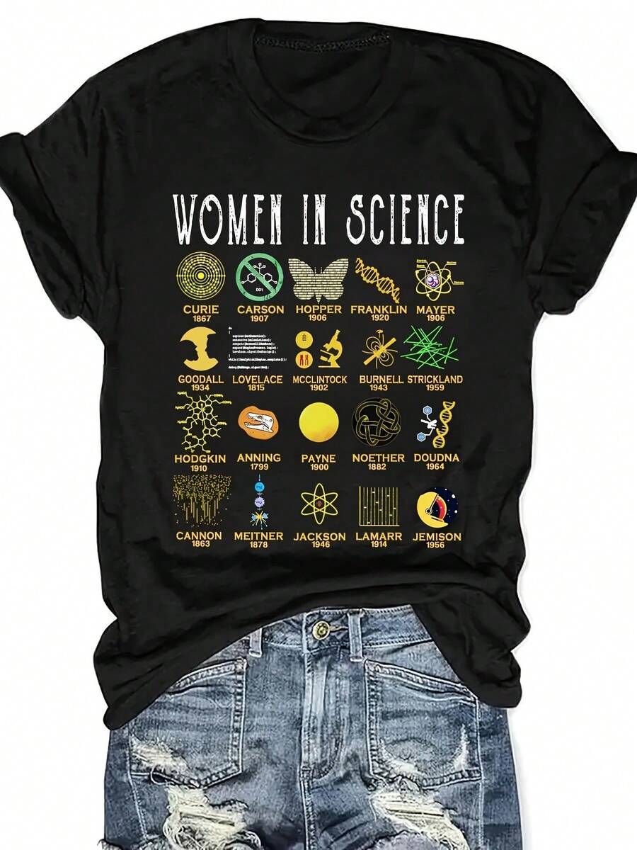 Camiseta Gráfica De Mujeres En La Ciencia - Cuello Redondo Casual, Manga Corta Con Estampado De Íconos Científicos, Poliéster, Color Oscuro, Ideal Para Atuendos Informales O Entusiastas De La Ciencia, Ropa Temática Científica | Prendas Con Motivos Científicos | Tejido MicroStretch - Oscuro - Ver 1