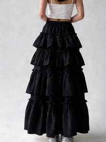 Elegant Women's White Layered Solid Color Skirt, Suitable For Spring And Summer Black - Black - View 3