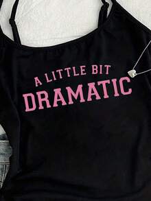 女士夏季字母印花休闲百搭吊带衫 - 黑色 - 查看 2