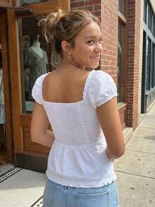 Women's Summer Sweetheart Neck Tops Short Sleeve Solid Color/Striped  Ruched T-Shirt - White - View 6