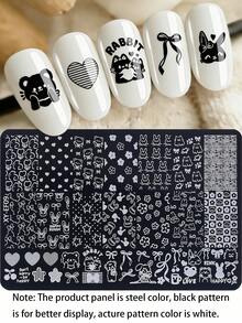 1pc Bunny Nail Art Stamping Plate, Cartoon Cute Rabbit Bear Bow Flower Easter Design Y2K Style Printing Template Nail Art Accessory Tool, DIY Manicure Salon, Nail Supply - Silver - View 2