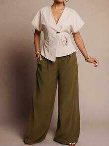 Women's Spring/Summer Asymmetrical Hem Hollow-Out Embroidered Jumper Sleeve Casual Vacation Shirt - Apricot - View 3