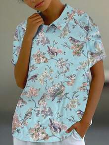 Women's Regular Sleeve Bird & Floral Print Button-Up Shirt, Non-Stretch Polyester Fabric, Spring/Summer - Multicolor - View 3