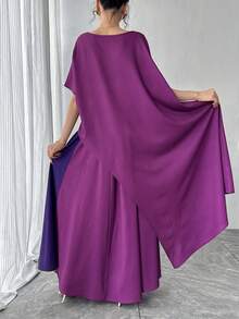两件套女士套装，紫色圆领不对称套头衫+撞色蓝色弹力腰半身裙，优雅阿拉伯风格奢华正式礼服，送给妈妈、女儿、朋友、妻子的完美生日、正式晚宴、派对、新年礼物 - 紫色 - 查看 2