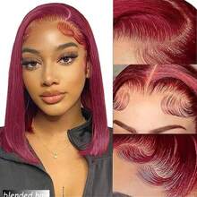 13x4 Straight Glueless Human Blended Hair Wig HD Lace Put On And Go Closure Wigs Human Blended Hair Pre Plucked Pre Cut No Glue 3 Seconds To Wear Glueless Wig Transparent Lace Front Wigs Pre Bleached Knots 180 Density 8-36Inch 99J Burgundy - S99J/BUG - View 5