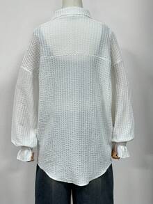 1件女士夏季轻薄透明白色格子长袖休闲衬衫，宽松休闲度假风 - 白色 - 查看 8