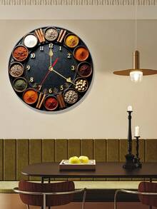 10/12 Inch Silent Round Clock, Decorated With Various Spices And Seasonings, Made Of Wooden Material, Equipped With Quartz Movement, Mixed Tone With Gold Accents, Battery Operated (AA Batteries Not Included), Suitable For Bedroom, Kitchen, Study - 1PC - View 4