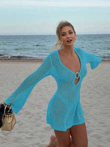 Đầm mini crop top khoác bãi biển nữ màu trơn gợi cảm, thiết kế khoét rỗng xuyên thấu phối vòng kim loại, tay dài, màu xanh cho kỳ nghỉ hè - Màu xanh bạc hà - Xem 9