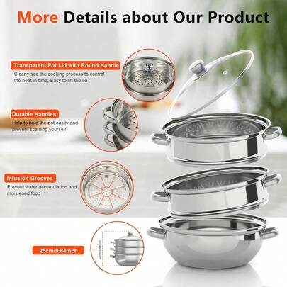 Senmeo Large 11.02inch 2/3-Layer Heavy-Duty Stainless Steel Stock Pot & Steamer - Multi-Use Boiling/Poaching/Cooking Pan With Visible Lid, Compatible With All Stoves (//G Induction), Easy-Clean 304 Stainless Steel For Soup, Steam Vegetables,