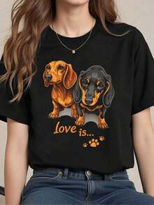 Women's Dachshund Dog Graphic T-Shirt, Spring, High Quality Fabric, Unique Graphic Print, Casual, Breathable - Black - View 1