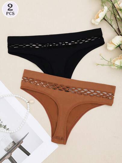 2pcs Seamless Hollow Out Thong Panties, Mid-Waist Versatile Comfortable Seamless Underwear, Solid Color Seamless Hollow Thong