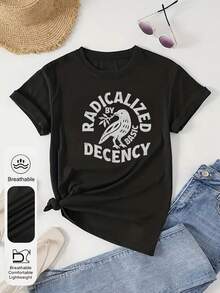 Women's Daily Peace Dove Carrying An Olive Branch Graphic Crew Neck Short Sleeves Casual Summer Women's Tops ,Activism Graphic Women's Black T-Shirt - Black - View 5