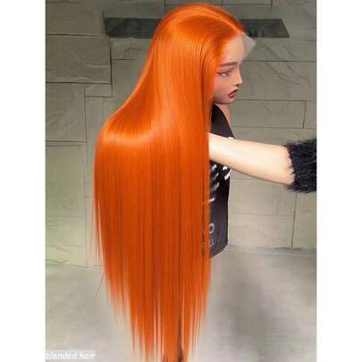 180%密度 8-36英寸 13x4蕾丝前额假发 真人混纺直发 姜橙色 350色 真人混纺假发 女士款 预先拔毛 带婴儿发 高清透明蕾丝前额假发 真人混纺 巴西雷米发