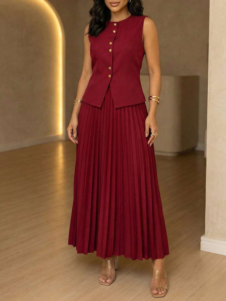女士优雅酒红色背心和百褶裙套装 - 无袖设计，饰有金色纽扣，适合情人节约会、派对、婚礼宾客穿着，春夏皆宜 - 紅色 - 查看 1