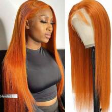 13x4 Straight Glueless Human Blended Hair Wig HD Lace Put On And Go Closure Wigs Human Blended Hair Pre Plucked Pre Cut No Glue 3 Seconds To Wear Glueless Wig Transparent Lace Front Wigs Pre Bleached Knots 180 Density 8-36Inch Ginger Orange 350 - S350 - View 3