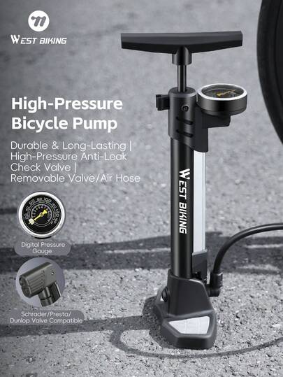  1 pieza Bomba de aire para bicicleta de alta presión WEST BIKING 160PSI, apta para válvulas SV/FV/EV, de material de acero inoxidable, inflado fácil con manómetro, bomba de bicicleta, bomba de balón, incluye 3 boquillas y caja de almacenamiento