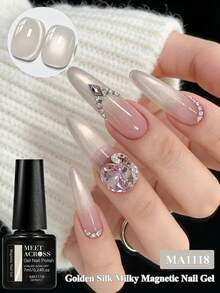 MEET ACROSS 1pc Golden Silk Milky Cat Eye Gel Nail Polish , 7ml Jelly Glass Beads Effect Cat Magnetic Gel Polish , Semi Permanent Soak Off UV Gel Varnish For Summer Nails, Manicure Nail Art DIY For Home And Salon Nail Supplies - 米色 - 查看 1