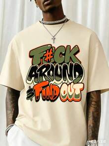 "F@K AROUND & FIND OUT" Graphic T-Shirt - 180g Heavy Cotton Crew Neck T-Shirt With Bold Orange And Green Graffiti Print, Breathable Short Sleeve Shirt For Summer, Casual Streetwear And Outdoor Activities, Everyday Wear Shirt Street Fashion Comfortable Fit, Everyday Wear, Match With Shorts, Outdoor Sports, Golf, Fishing Activities, Sports Shirt, Great Gift, Graphic T-Shirt, T-Shirt-White And Navy Off-The-Shoulder Cropped Top - 杏色 - 查看 1