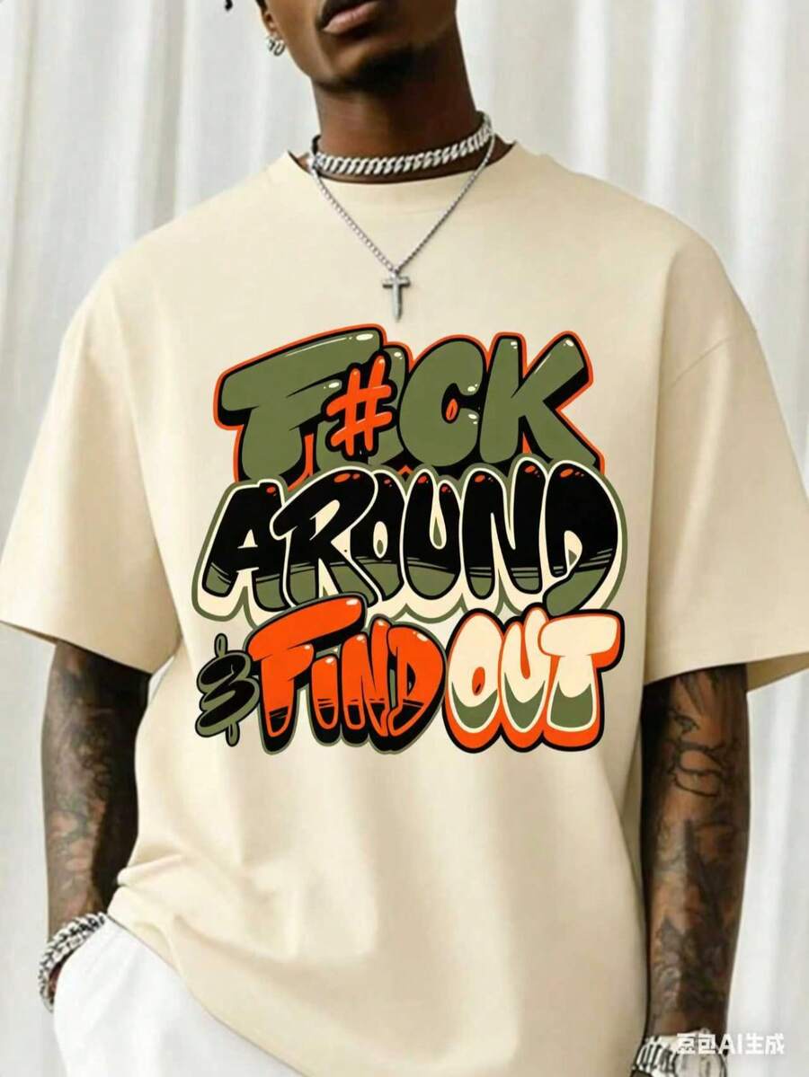 "F@K AROUND & FIND OUT" Graphic T-Shirt - 180g Heavy Cotton Crew Neck T-Shirt With Bold Orange And Green Graffiti Print, Breathable Short Sleeve Shirt For Summer, Casual Streetwear And Outdoor Activities, Everyday Wear Shirt Street Fashion Comfortable Fit, Everyday Wear, Match With Shorts, Outdoor Sports, Golf, Fishing Activities, Sports Shirt, Great Gift, Graphic T-Shirt, T-Shirt-White And Navy Off-The-Shoulder Cropped Top - 杏色 - 查看 1