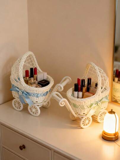 1pc Handmade Woven Mini Pushcart Flower Basket, Holiday Gift Decor Storage Basket, Pushcart Shaped Storage Basket, Suitable For Home Decor, Easter Decor, Wedding Decor, Mother's Day Decor, Birthday Decor, Holiday Decor, Party Decor, Wedding Table Centerpiece Decor, Desktop Decor, Engagement Party Decor, Small Item Storage Basket