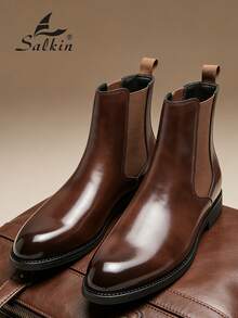 Salkin Vintage Designer Men's Chelsea Boots, Pull-On Style, Pointed Toe Design, Luxury Mid-Calf Ankle Boots, Men's Soft Genuine Leather Boots, Gentleman Business Formal Shoes, Daily Office Party Casual Shoes, Couple's Romantic Dinner Date Gift, Back To School Student Shoes, College Style, Suggest Sizing Up One Size - Rust Brown - View 5