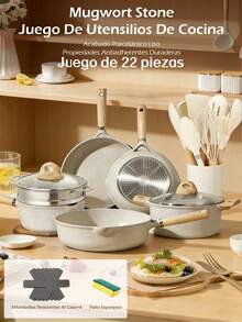 Juego de utensilios de cocina antiadherentes de cerámica, olla cacerola y sartén, ollas de cocina con mangos resistentes al calor, revestimiento de granito blanco, libre de PFOS/PFAS, regalo para mujeres, regalo de Navidad - Gris - Ver 2