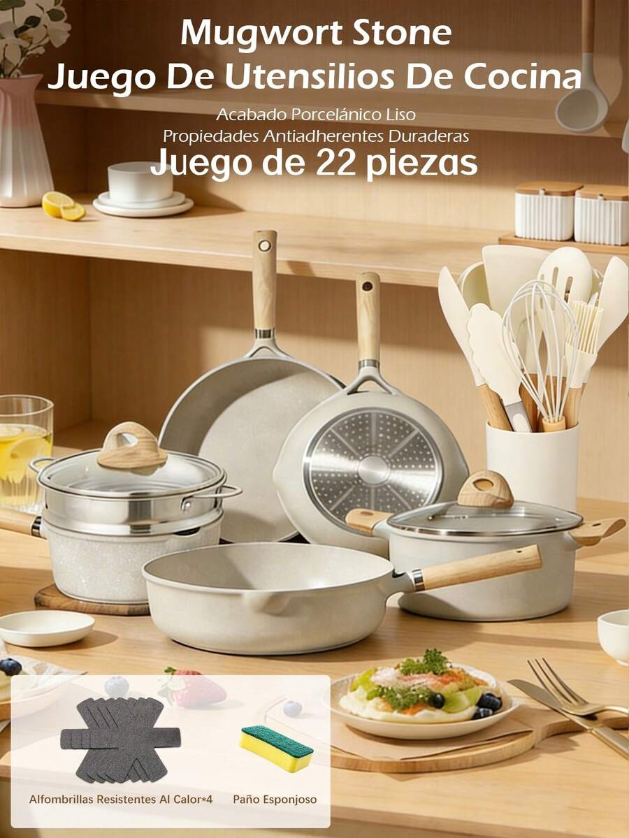 Juego de utensilios de cocina antiadherentes de cerámica, olla cacerola y sartén, ollas de cocina con mangos resistentes al calor, revestimiento de granito blanco, libre de PFOS/PFAS, regalo para mujeres, regalo de Navidad
