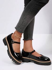 Giày lười nữ đế dày, mũi tròn, da bóng màu đen, thích hợp đi làm hàng ngày, đi học, phù hợp cho mọi mùa. - màu đen - Xem 6