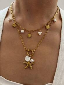 Monlansher 新款夏季海洋风多吊坠不锈钢项链，贝壳珍珠吊坠项链，时尚百搭，休闲度假日常佩戴 - 金色 - 查看 1