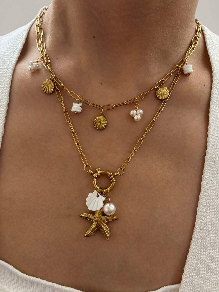 Monlansher 新款夏季海洋风多吊坠不锈钢项链，贝壳珍珠吊坠项链，时尚百搭，休闲度假日常佩戴 - 金色 - 查看 1